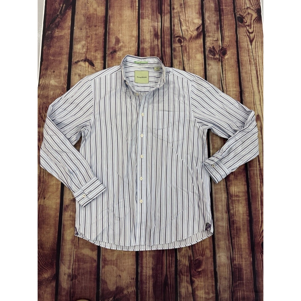 Tommy Bahama Men's Blue/White Striped Dress Shirt M 34/35 Cotton Pocket